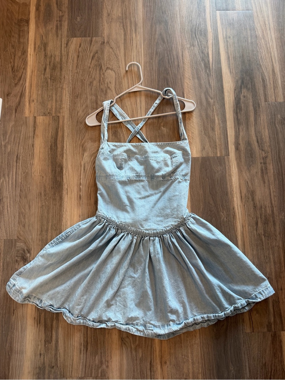 Free People Light Blue Denim Sundress with Drop Waist and Crisscross Back